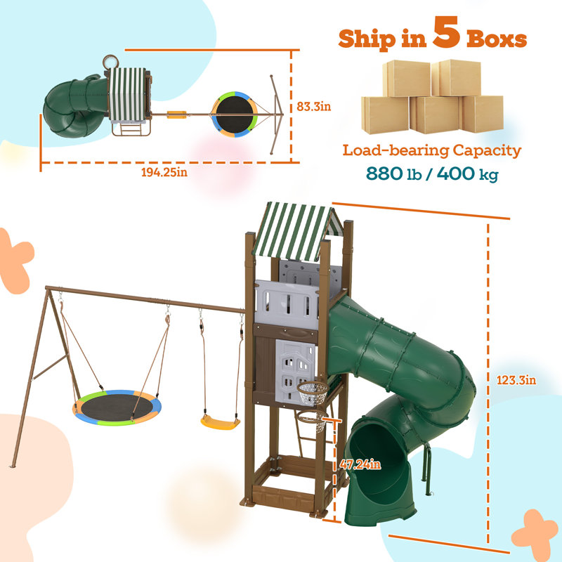Ensemble de jeu multifonctionnel pour enfants 3-10, en acier galvanisé robuste avec glissade en tube, balançoires doubles, structure d'escalade, cerceau et bac à sable intégré