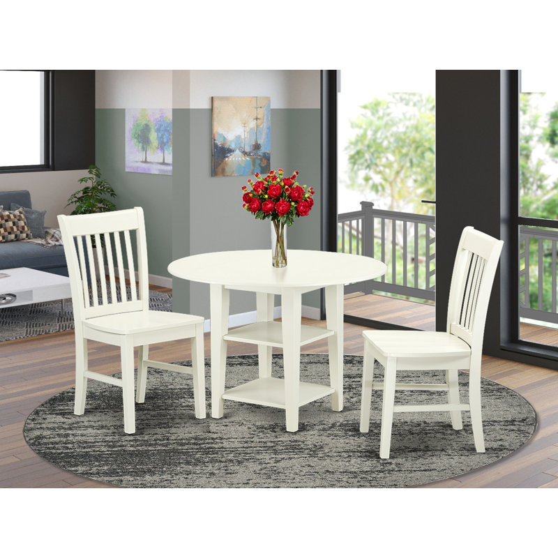 3 Piece Dining Room Furniture Set Contains a Round Kitchen Table with Dropleaf & Shelves and 2 Dining Chairs, Linen White
