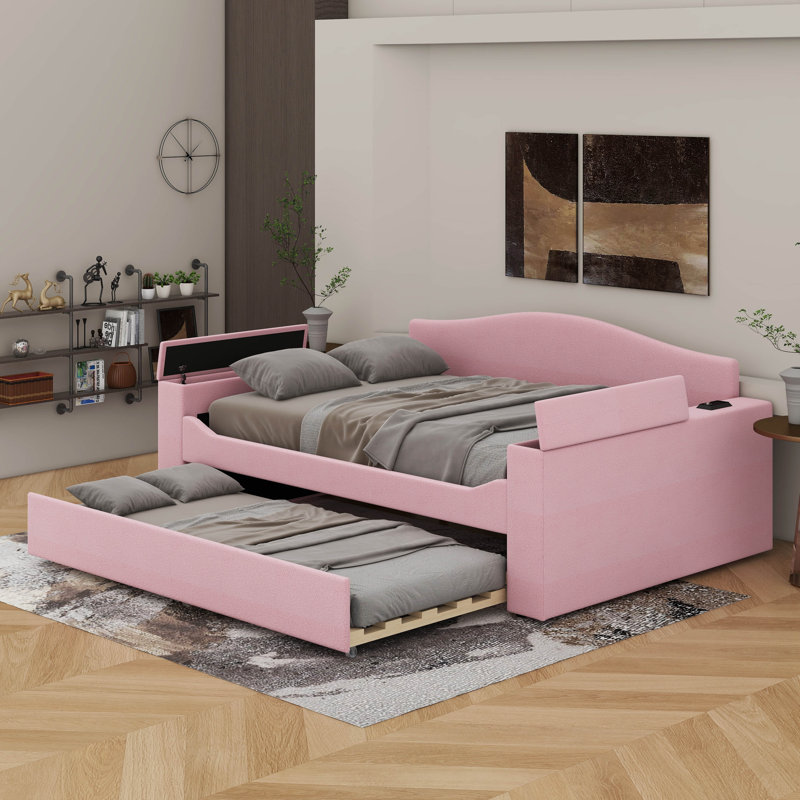 Lit de jour double rembourré avec couchette et dernier système audio Bluetooth, Rose