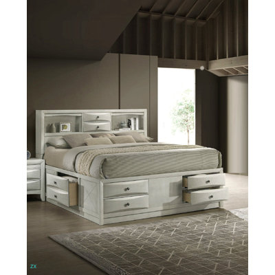1Pc Queen Bed Built-In Shelving Storage Compartments Integrated Storage Drawers Bed Frame Neutral Finish