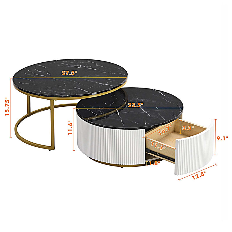 Table basse gigogne moderne avec tiroir, Noir, H 15,7 po x L 27,5 po x l 27,5 po