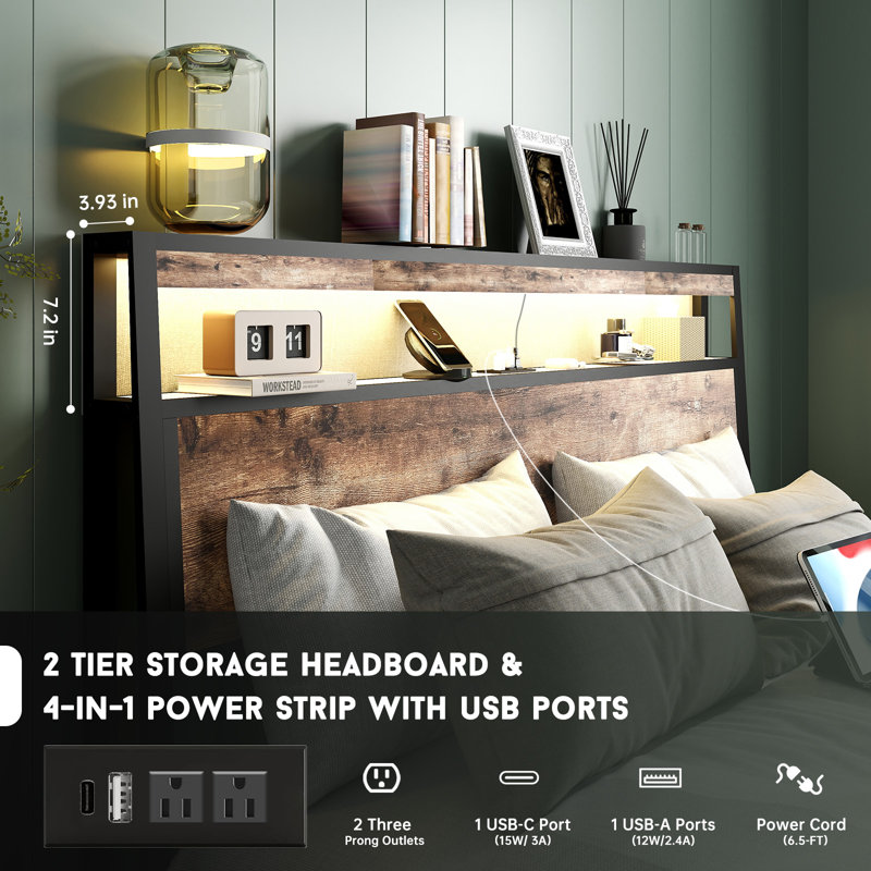 Bed Frame with 4 Storage Drawers and 2-tier Solid Wood Headboard Storage With Charging Station and LED Lights, Noise Free