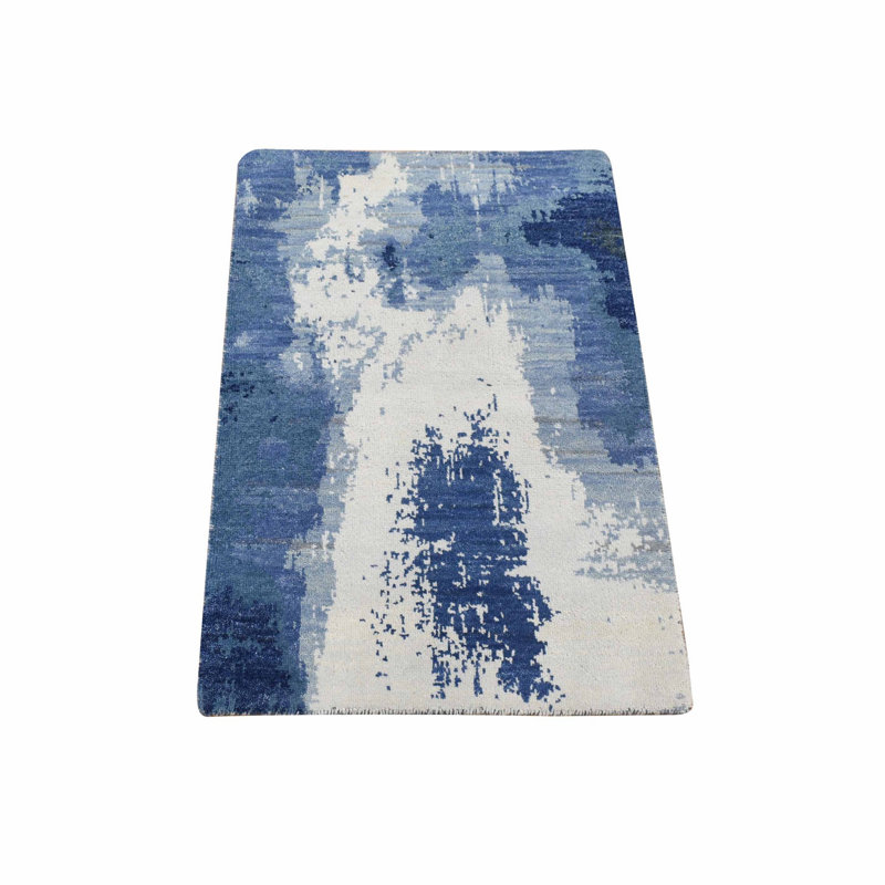 Tapis oriental mat 2 pi x 3 po ivoire denim bleu, 100% laine, motif abstrait noué à la main F67EF9C4227F4E148419373B66170897