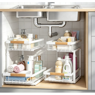 White Metal Under Sink Cabinet Organizer 2 Pack, 3 Tier Adjustable Height Sliding Pull Out Storage Shelf, Multi-Purpose Storage for Bathroom Vanity & Kitchen Sink Cabinet
