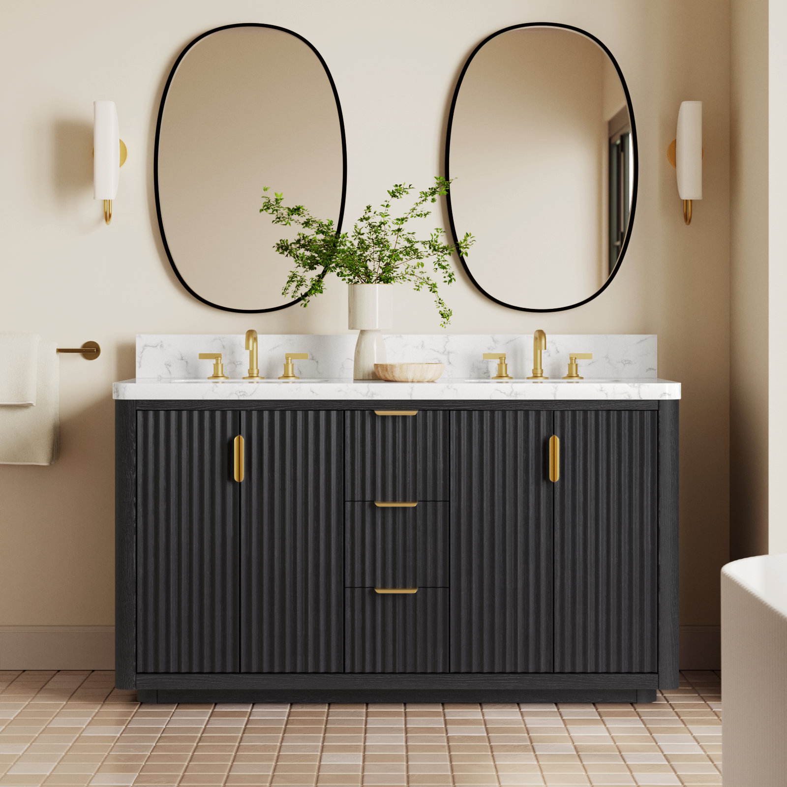 Adela 60'' Double Bathroom Vanity, Black, White, Gold