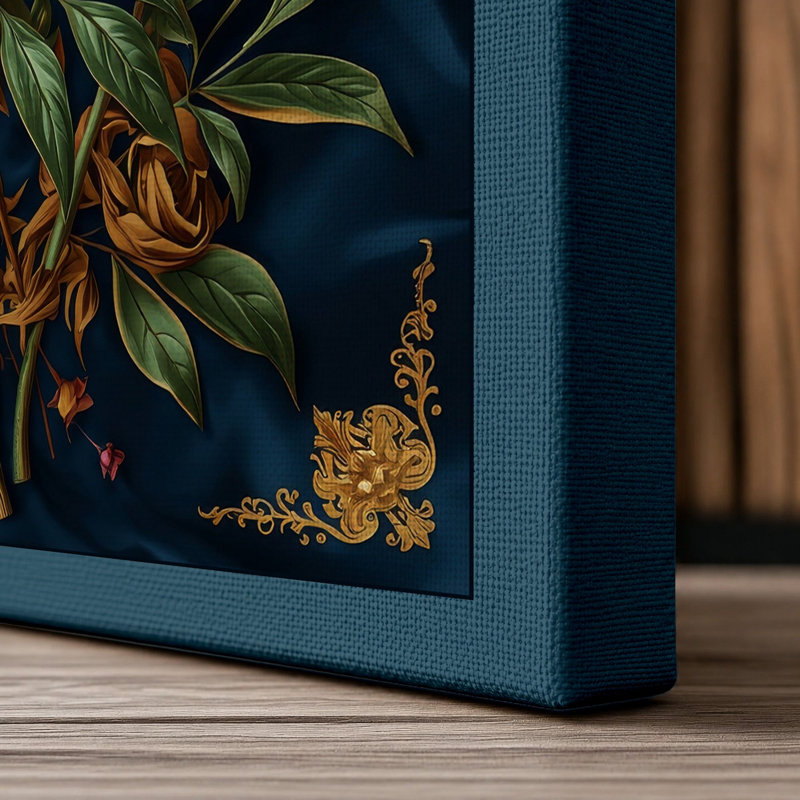 Garden Roses in Gold Botanical - Wrapped Canvas, 30x20 - 76.2 x 50.8 cm, Teal Border