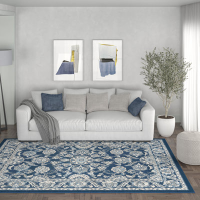 Madison Oriental Floral Border Dark Blue Indoor Area Rug, Living Room, Dining Room, Bedroom