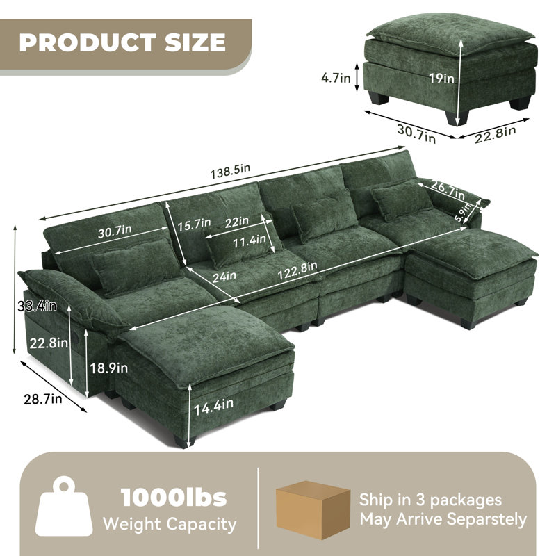 Canapé modulaire Cloud avec USB, chenille, profondeur 24 po, Chenille verte