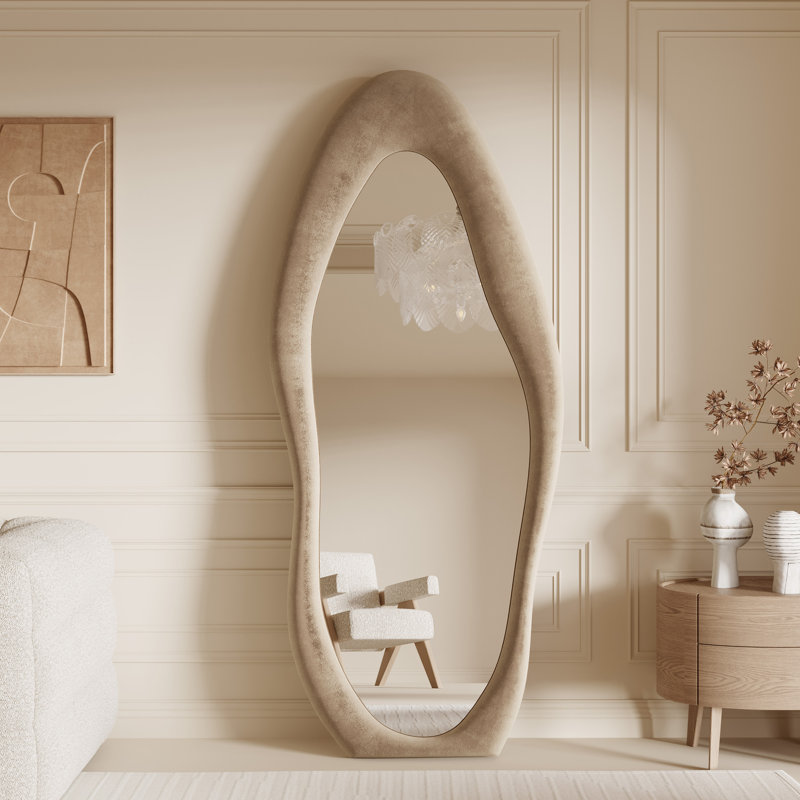 Amon Full Length 63" x 24" Mirror Velvet Wavy Floor Mirror, Dark Beige