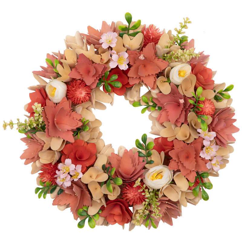Artificial Mini Thistle Flowers Wooden Spring Wreath - 14" - Pink And Cream