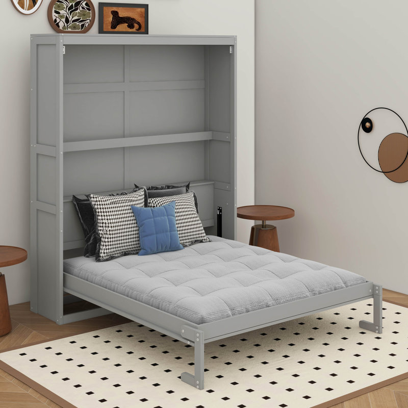 Queen Size Murphy Bed Wall Bed With Shelves, Grey