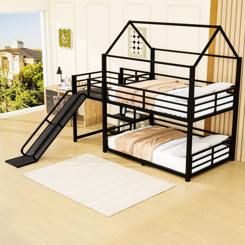 Lit superposé en métal avec glissière et garde-corps en forme de maison, Lit superposé double sur double