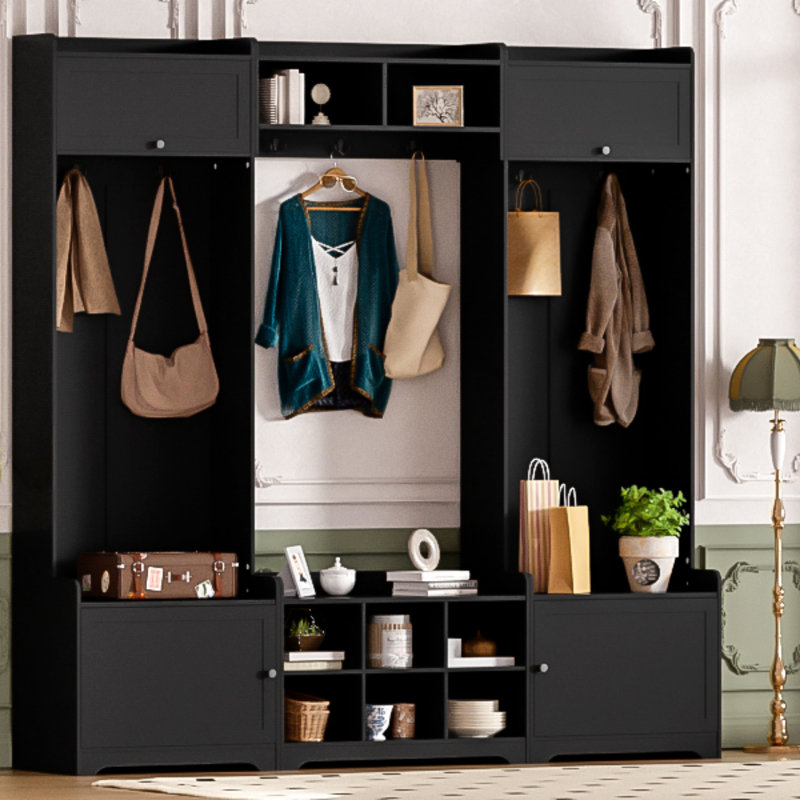 79.1'' Wide Modern Hall Tree With Shoe Storage, 4-In-1 Entryway Bench, 8 Cubbies, 7 Hooks, Adjustable Shelf, Black, Black