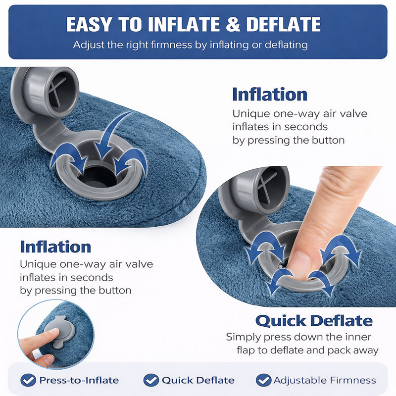 Oreiller de voyage gonflable pour la nuque – Oreiller ergonomique en forme de U pour avion, avec housse en velours doux et lavable, format compact et pliable, et sac de transport avec clip.