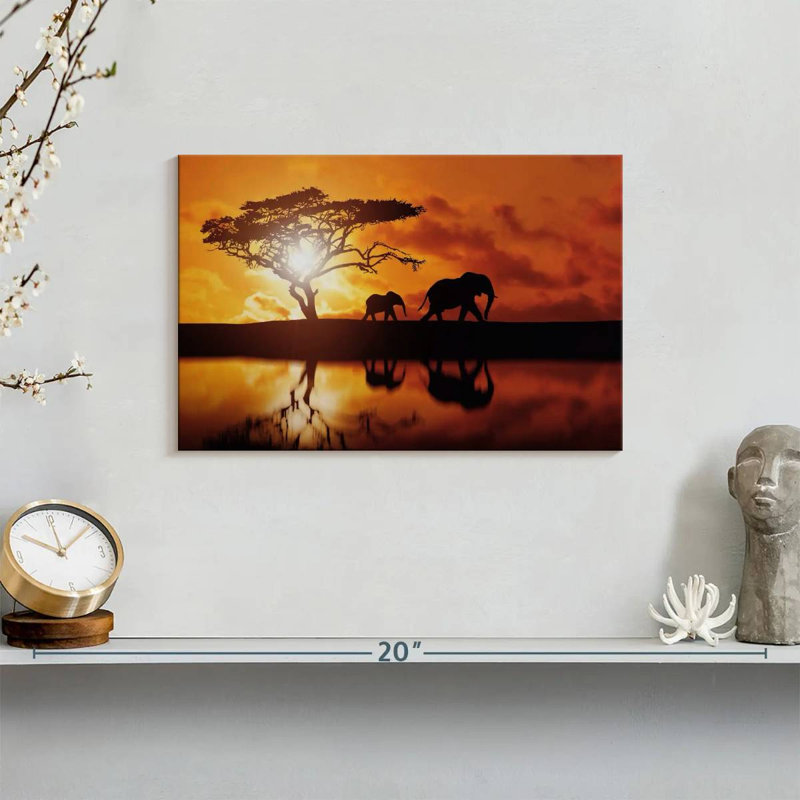 Brampt Elephant Silhouettes At Sunset, 8" H x 12" W