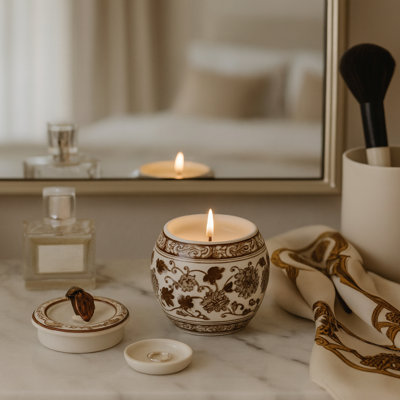 Modern Peony Scented Candle With Lid For Bedroom Decor - Decorative Floral Ceramic Accent For Living Room, Bookshelf, Or Coffee Table - 5"