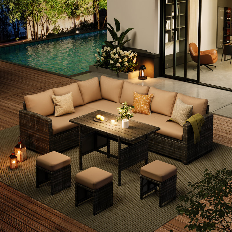 7 Pieces Patio Sectional  Furniture Set With Waterproof Cover, Beige Cushion/Brown Frame