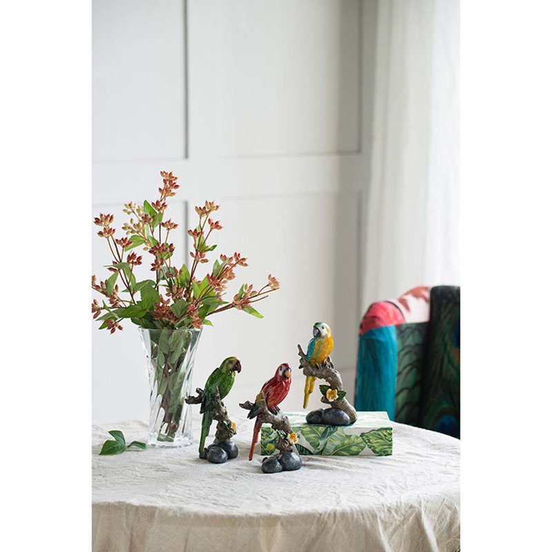 Set of 3 Realistic Polyresin Macaw Figurines, Multi-Colored Tropical Bird Statuettes, Exotic Animal Sculptures, for Tabletop, Shelf, or Mantel, 4” x 3” x 7”