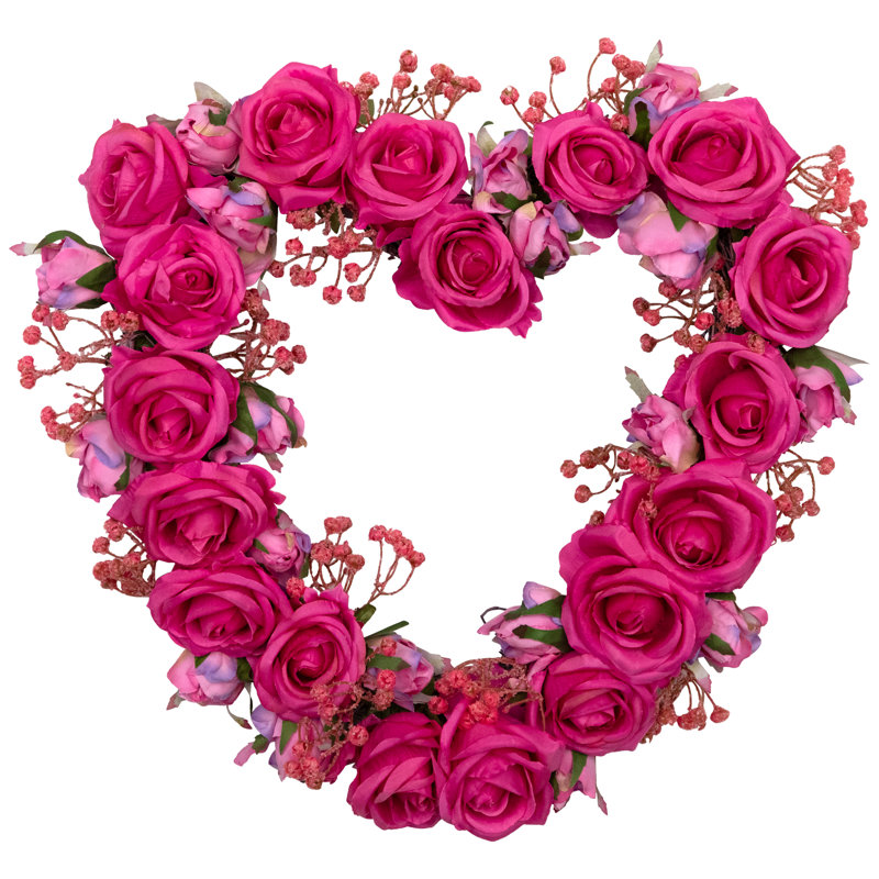 Blooming Rose Buds Artificial Heart Shaped Valentine's Day Wreath - 16" - Pink