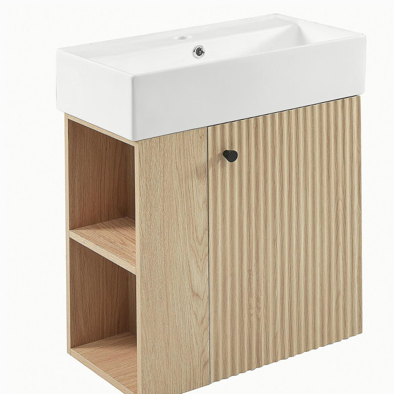 [Vidéo] Meuble-lavabo flottant moderne de 21,6 po avec lavabo en céramique - parfait pour les petites salles de bain, rangement à gauche