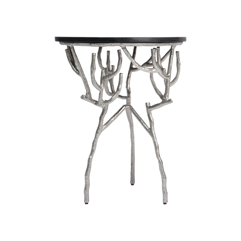 Twig Black Marble & Recycled Metal Accent Table – Sculptural Silver Base (19") 