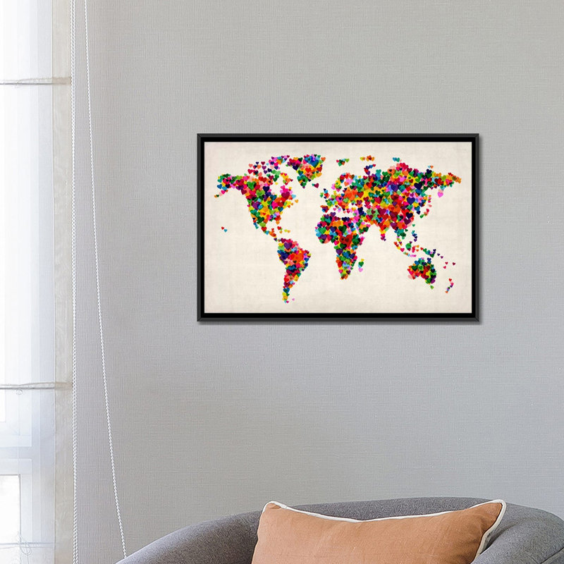 «World Map Hearts II», impression sur toile, H 18 po x l 26 po x P 1,5 po, Toile avec cadre noir, Pas de tapis