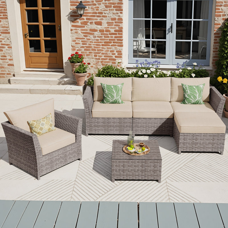 Ensemble de mobilier de patio pour 5 personnes sans assemblage requis, ensemble de conversation modulaire en rotin d'osier avec coussins, ensemble de conversation pour canapé toutes saisons pour jardin