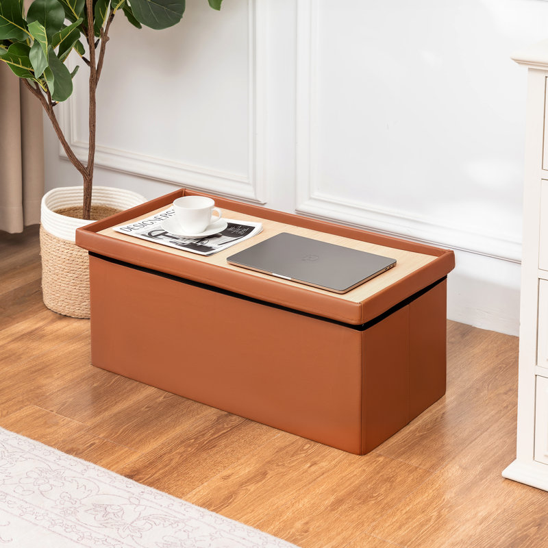 Folding Storage Ottoman With Tray Top – Faux Leather, 30-Inch Collapsible Bench, Footrest & Coffee Table, 300Lbs Capacity