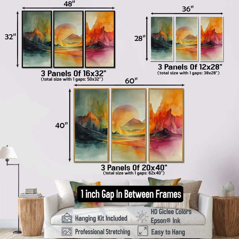 Ensemble de salon vert et orange Tachisme Landscape II - Tachisme Wall Art, Toile avec cadre flottant or
