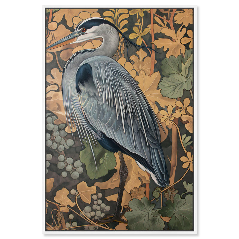 «Heron’s Blue Serenade», toile Maximalist par Art Remedy, Cadre flottant blanc, H 16 po x l 11 po