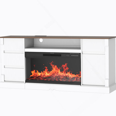 Meuble télé moderne en verre à 3 côtés avec foyer électrique pour téléviseur de 80 po ou moins, centre de divertissement avec lumières DEL, armoire de rangement et tiroirs pour le salon