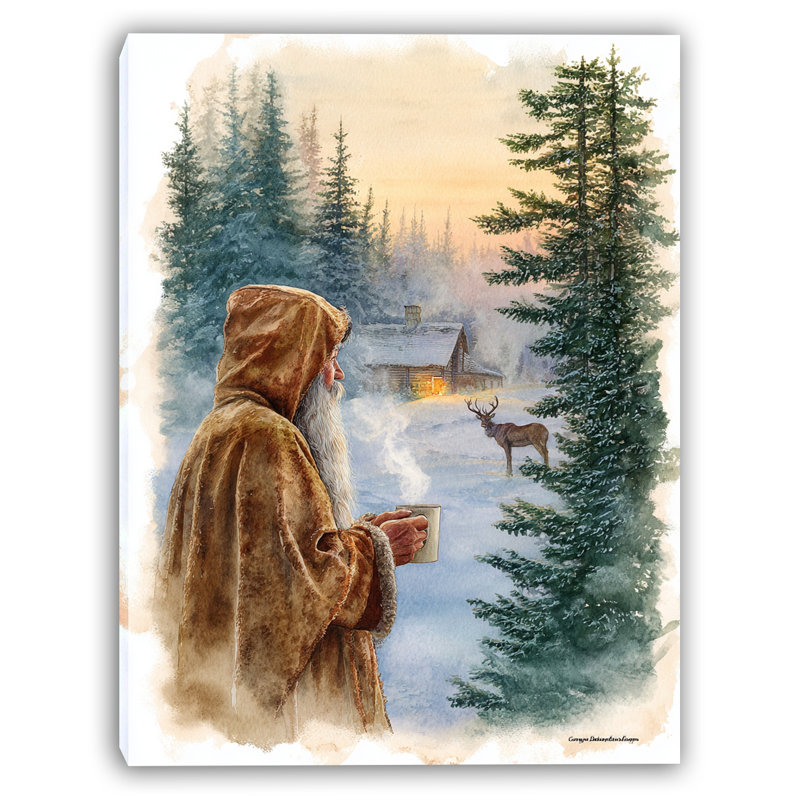 «Santa with Steaming Mug at Forest Cabin», art mural sur toile