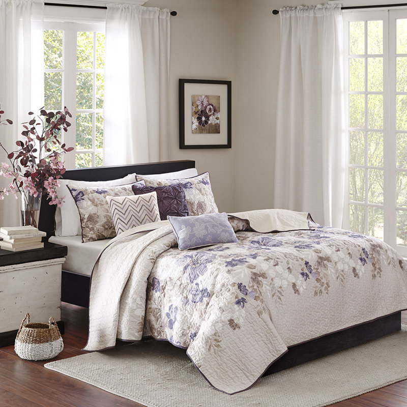 Ensemble de courtepointe 6 pièces avec coussins décoratifs Taupe, Couvre-lit double/grand + 2 taies décoratives + 3, Taupe