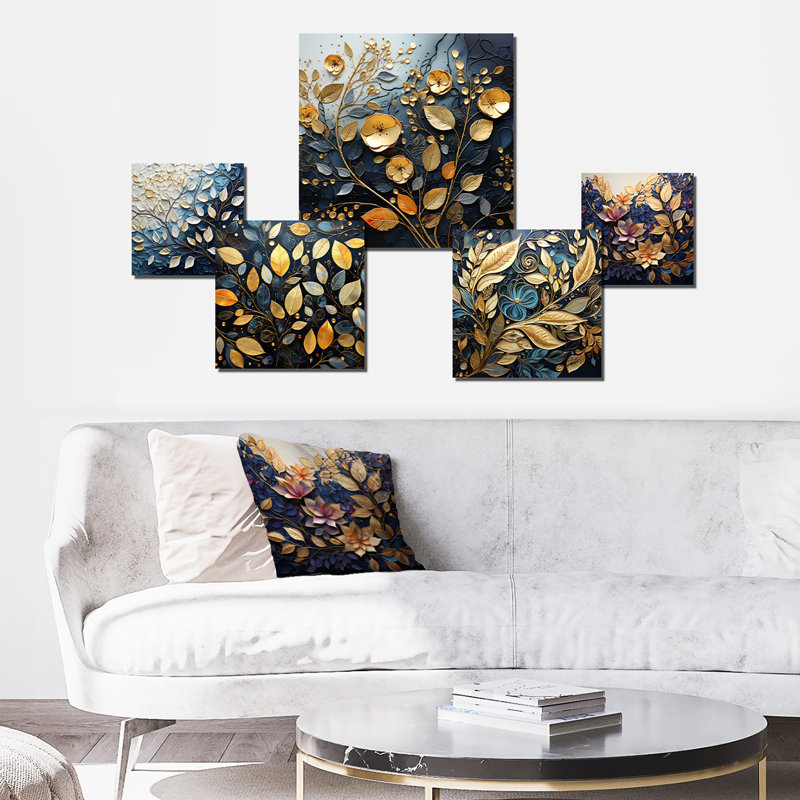 Feuille et fleur breloque en hiver II - ensemble d'art mural 5 feuilles