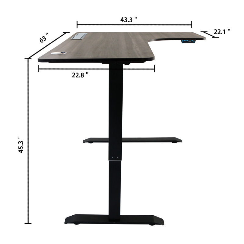 Bureau en hauteur à hauteur ajustable en L avec prises intégrées, Gris ébène / noir