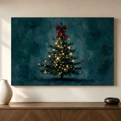 Reproduction d'art sur toile tendue à la galerie d'un arbre de Noël illuminé, H 20 po x l 30 po