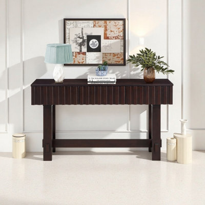 52" Mid-Century Farmhouse Fluted Console Table with Storage Drawers, Solid Pine Wood Legs Sofa & Entryway Table