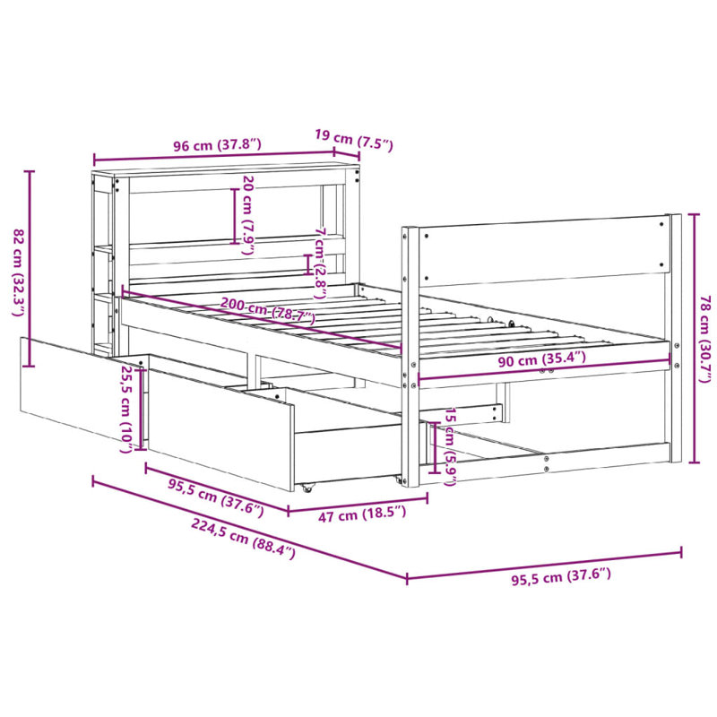 Solid Wood Bed, European Single (90 x 200cm)