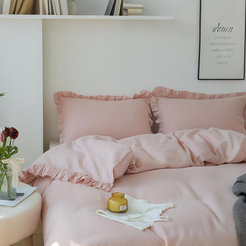 Ensemble de housse de couette 100% lin, Housse de couette double + 2 taies d'oreiller stan, Blush Pink