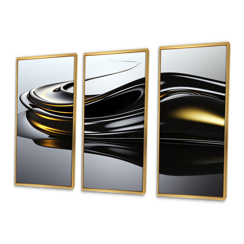 «Black Flow Gold Glow», ensemble d'art mural abstrait à encre liquide, Cadre flottant doré, H 28 po x l 36 po x P 1 po