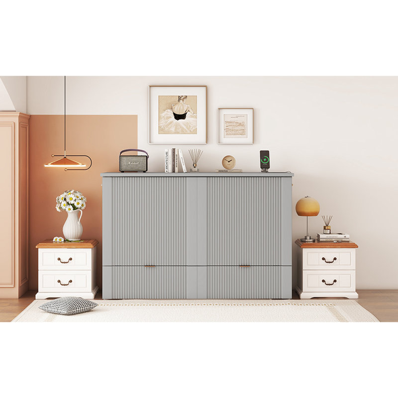 Lit escamotable avec tiroir et un ensemble de prises et de ports USB, structure de poulie, gris
