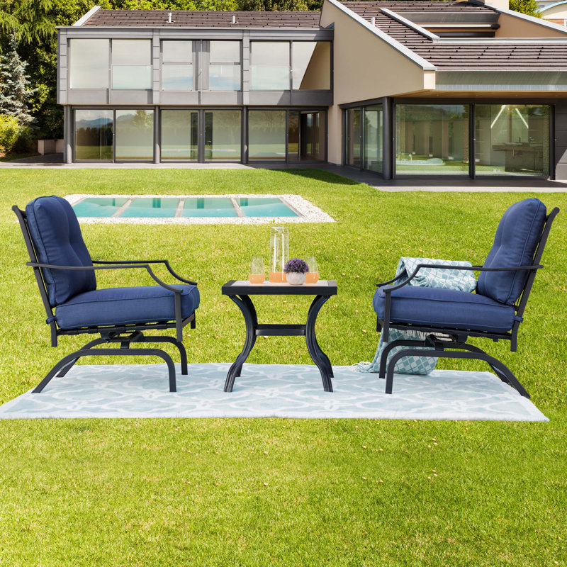 Ensemble berçant d'extérieur 3 pièces avec chaises rembourrées et table d'appoint, bleu