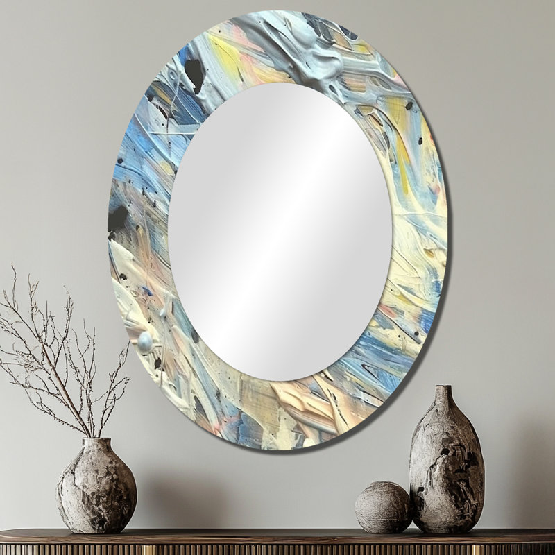 Summer Memories Abstract In White And Blue - Modern Oval Wall Mirror, 40" x 30"