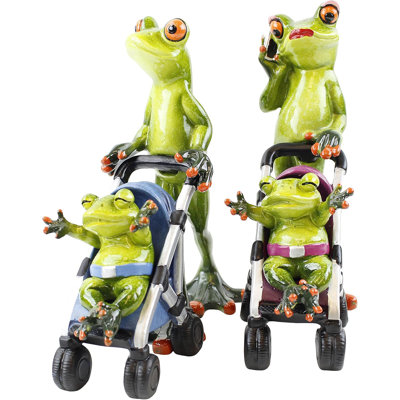 Novelty Funny Frog Family Figurines ~ Frog Family Mommy Daddy Stroller Frog Baby Frogs Tabletop Statue Home Décor