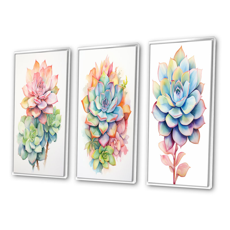 «Blossoming Succulent In Tender Retro Pink II», 3 pièces sur toile, H 20 po x l 36 po, Cadre flottant blanc
