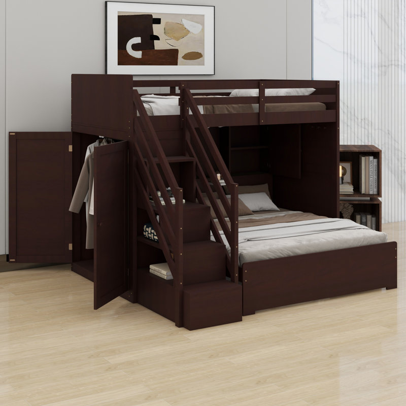 Kids Bunk Bed with Storage Stairs, Wardrobe, USB and LED Light for Bedroom, Espresso