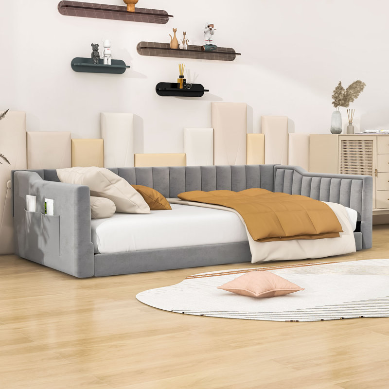 Lit de jour en bois avec lattes et poche de rangement, Gris, Simple extra long