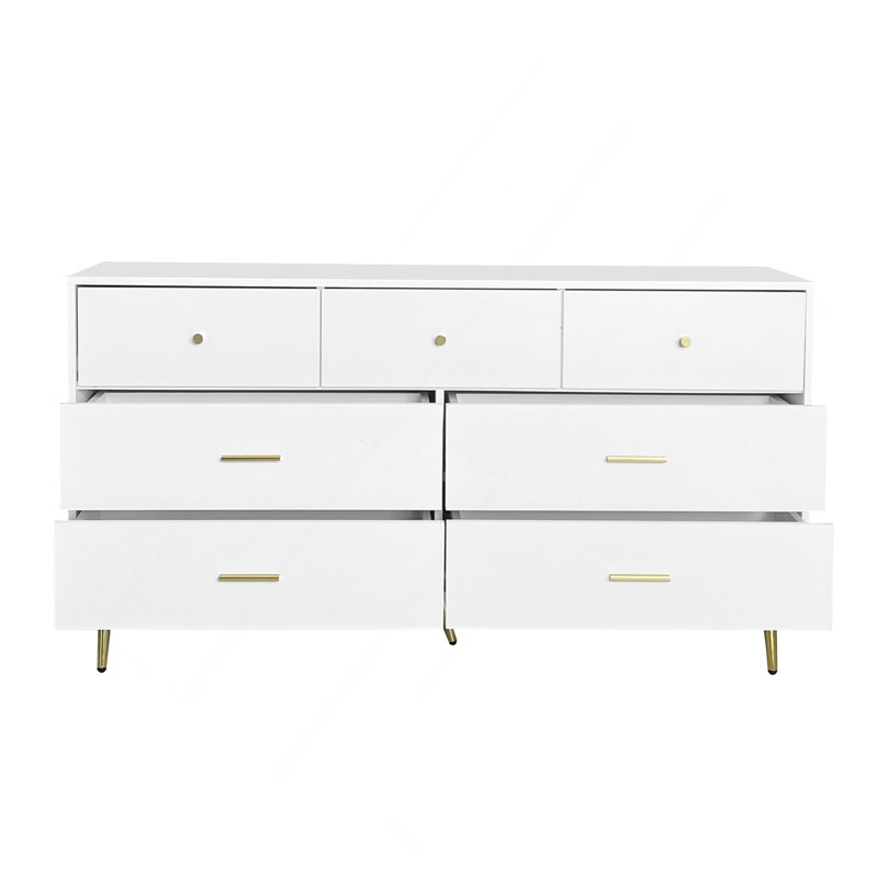 Seven Drawers Large Chest Of Drawer Cabinet With Golden Handle And Golden Legs White Color