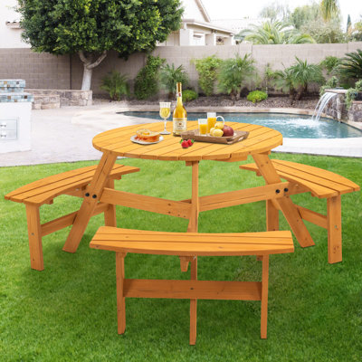 Table de pique-nique circulaire en bois pour 6 personnes avec 3 bancs intégrés Peddie