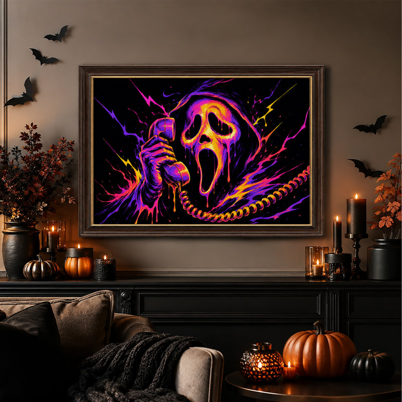 Art mural sur toile, "Screaming Ghost" tenant un téléphone en néon d'Halloween, H 16 po x l 24 po